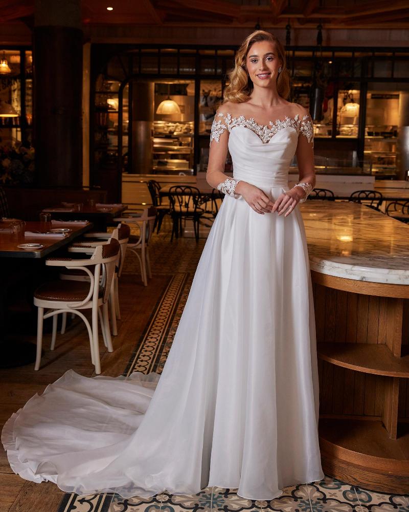 La22243 a line organza wedding dress with sleeves or strapless neckline3